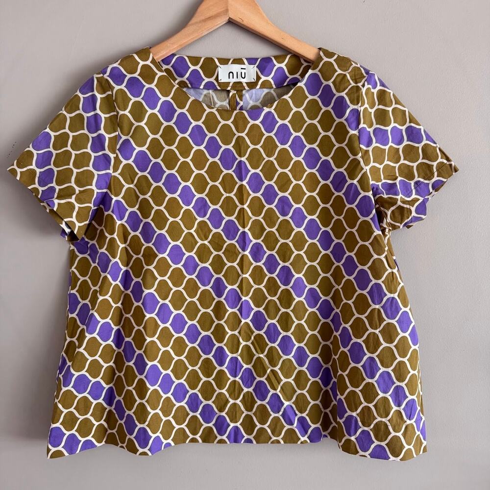 NIU Geometric Pattern Green and Purple Blouse Short Sleeve Top Size Small
